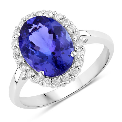 Tanzanite-3.95 Carat Genuine Tanzanite and White Diamond 14K White Gold Ring