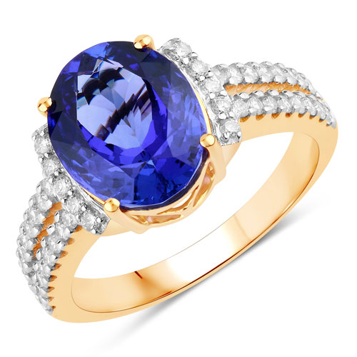 Tanzanite-4.20 Carat Genuine Tanzanite and White Diamond 14K Yellow Gold Ring