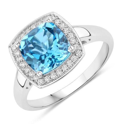 Rings-2.47 Carat Genuine Swiss Blue Topaz and Lab Grown Diamond .925 Sterling Silver Ring