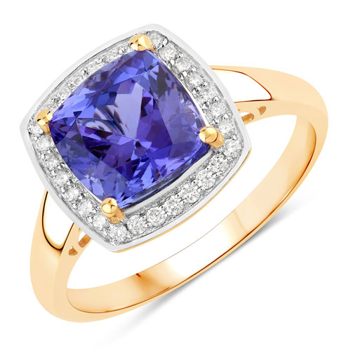 Tanzanite-3.32 Carat Genuine Tanzanite and White Diamond 14K Yellow Gold Ring