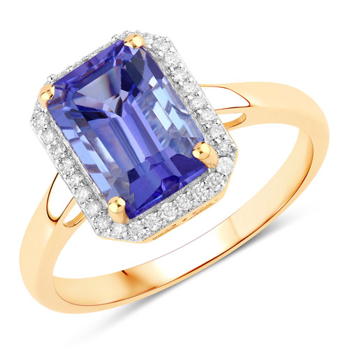 Tanzanite-3.17 Carat Genuine Tanzanite and White Diamond 14K Yellow Gold Ring