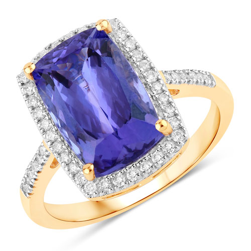 Tanzanite-4.93 Carat Genuine Tanzanite and White Diamond 14K Yellow Gold Ring