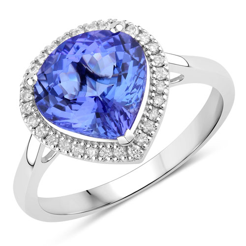 Tanzanite-3.41 Carat Genuine Tanzanite and White Diamond 14K White Gold Ring