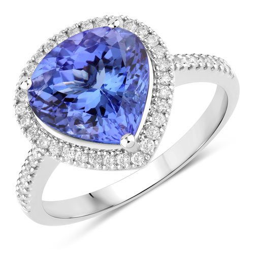 Tanzanite-4.11 Carat Genuine Tanzanite and White Diamond 14K White Gold Ring