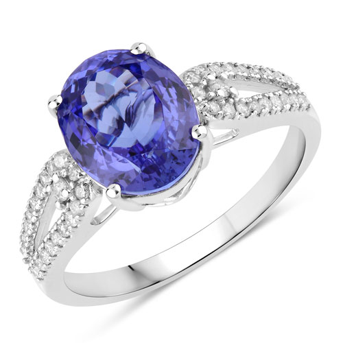 Tanzanite-3.57 Carat Genuine Tanzanite and White Diamond 14K White Gold Ring