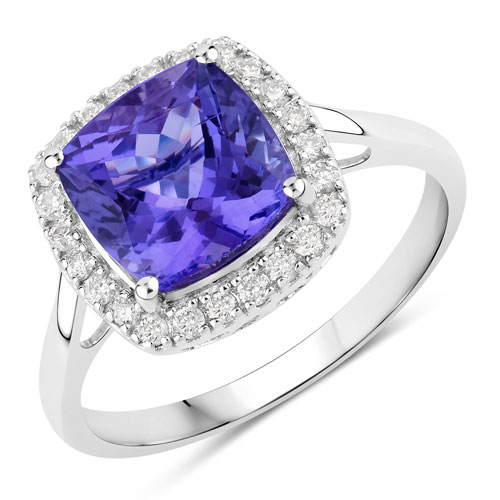 Tanzanite-3.43 Carat Genuine Tanzanite and White Diamond 14K White Gold Ring