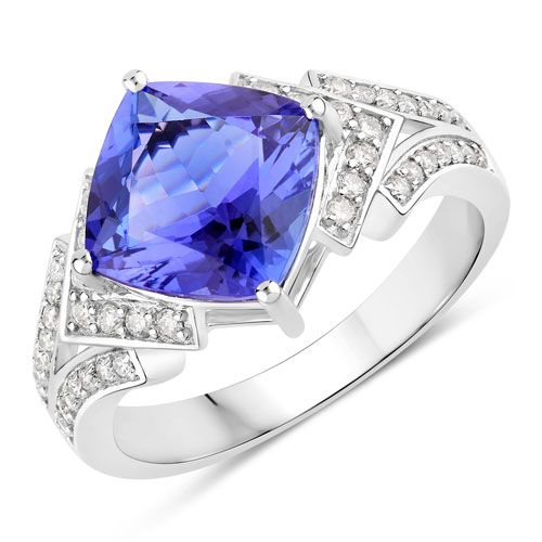 Tanzanite-3.43 Carat Genuine Tanzanite and White Diamond 14K White Gold Ring