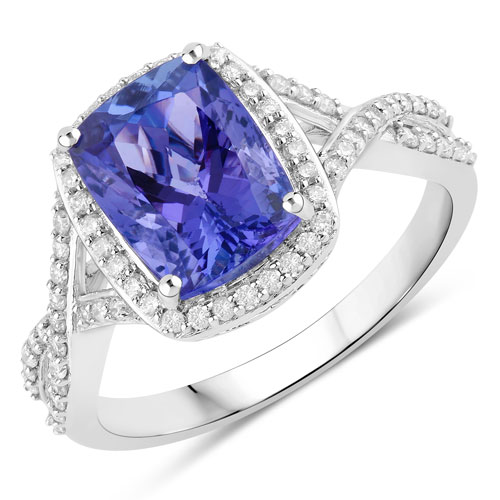 Tanzanite-3.34 Carat Genuine Tanzanite and White Diamond 14K White Gold Ring