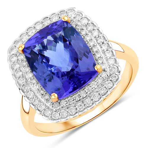 Tanzanite-4.84 Carat Genuine Tanzanite and White Diamond 14K Yellow Gold Ring