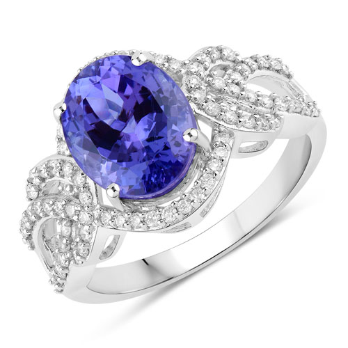 Tanzanite-4.08 Carat Genuine Tanzanite and White Diamond 14K White Gold Ring