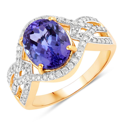 Tanzanite-3.56 Carat Genuine Tanzanite and White Diamond 14K Yellow Gold Ring