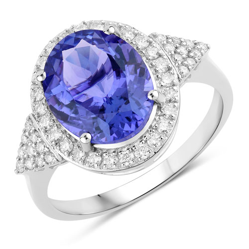 Tanzanite-3.97 Carat Genuine Tanzanite and White Diamond 14K White Gold Ring