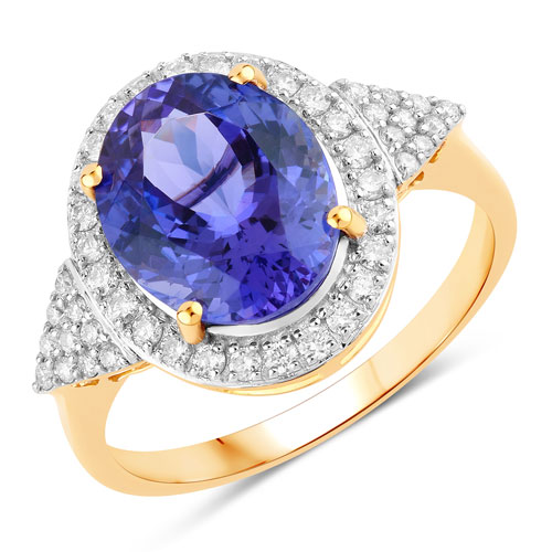 Tanzanite-4.13 Carat Genuine Tanzanite and White Diamond 14K Yellow Gold Ring