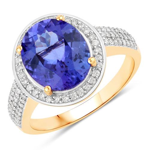 Tanzanite-4.02 Carat Genuine Tanzanite and White Diamond 14K Yellow Gold Ring