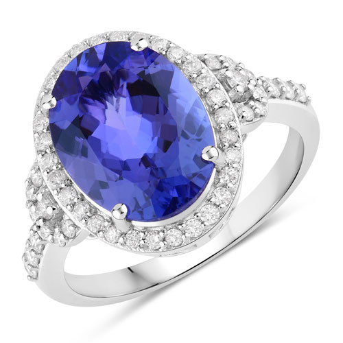 Tanzanite-4.61 Carat Genuine Tanzanite and White Diamond 14K White Gold Ring