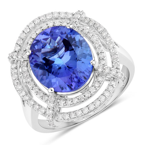 Tanzanite-5.17 Carat Genuine Tanzanite and White Diamond 14K White Gold Ring