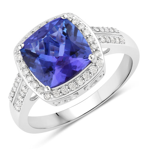 Tanzanite-3.13 Carat Genuine Tanzanite and White Diamond 14K White Gold Ring