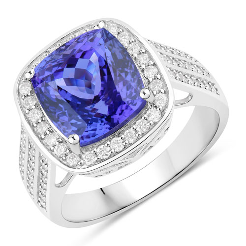 Tanzanite-5.59 Carat Genuine Tanzanite and White Diamond 14K White Gold Ring