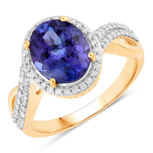 Tanzanite-2.79 Carat Genuine Tanzanite and White Diamond 14K Yellow Gold Ring