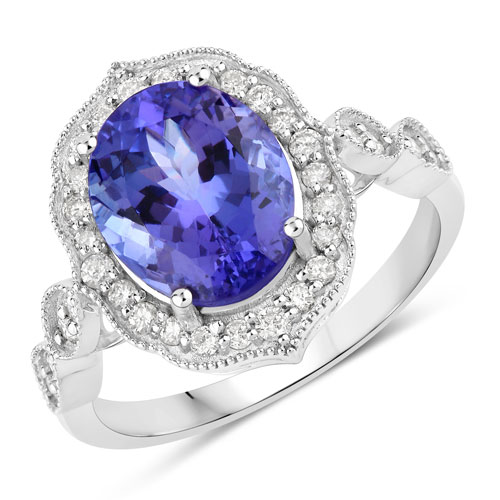 Tanzanite-3.85 Carat Genuine Tanzanite and White Diamond 14K White Gold Ring