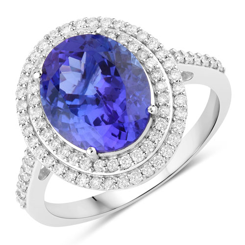 Tanzanite-4.27 Carat Genuine Tanzanite and White Diamond 14K White Gold Ring