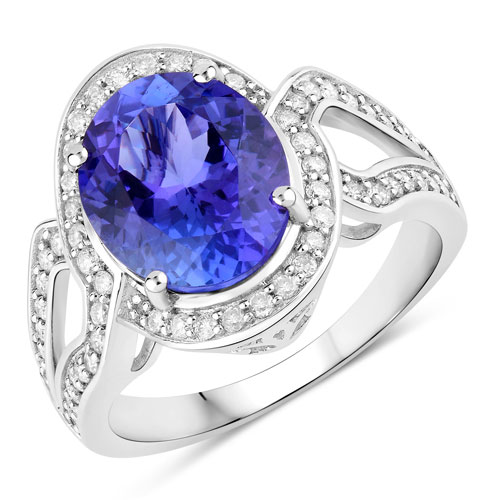 Tanzanite-4.19 Carat Genuine Tanzanite and White Diamond 14K White Gold Ring