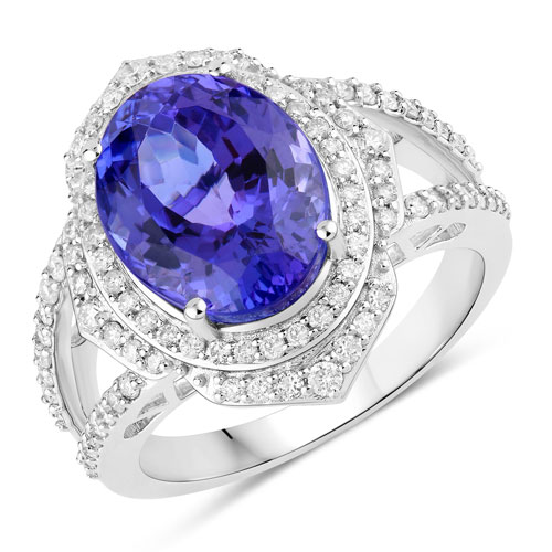 Tanzanite-6.56 Carat Genuine Tanzanite and White Diamond 14K White Gold Ring