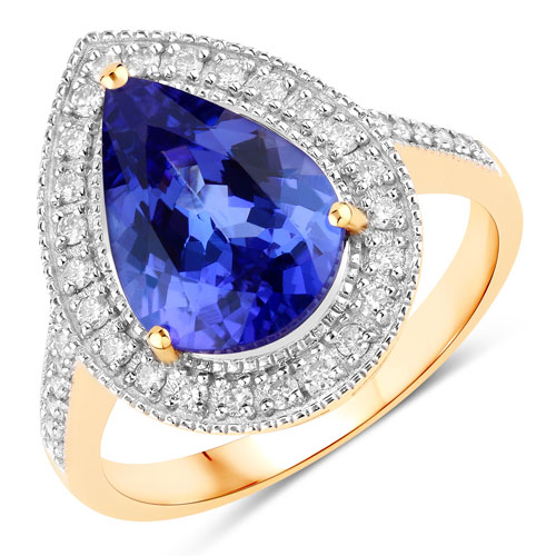 Tanzanite-3.37 Carat Genuine Tanzanite and White Diamond 14K Yellow Gold Ring