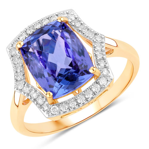 Tanzanite-3.91 Carat Genuine Tanzanite and White Diamond 14K Yellow Gold Ring