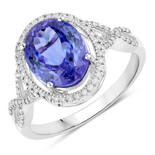 Tanzanite-3.73 Carat Genuine Tanzanite and White Diamond 14K White Gold Ring