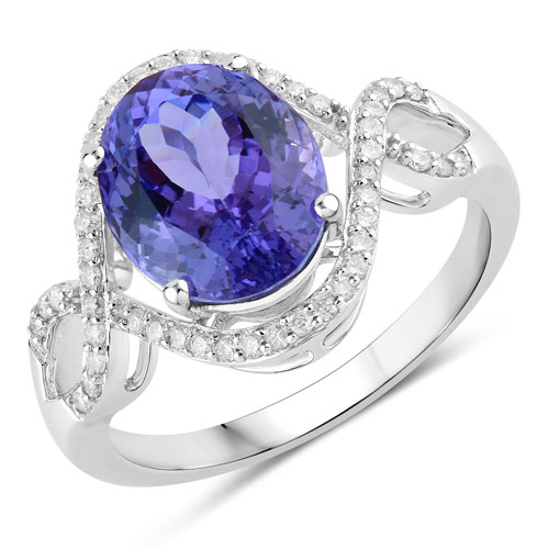 Tanzanite-4.19 Carat Genuine Tanzanite and White Diamond 14K White Gold Ring