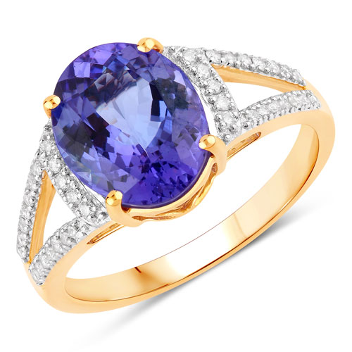 Tanzanite-3.49 Carat Genuine Tanzanite and White Diamond 14K Yellow Gold Ring