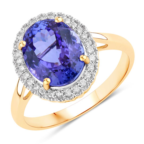 Tanzanite-3.90 Carat Genuine Tanzanite and White Diamond 14K Yellow Gold Ring