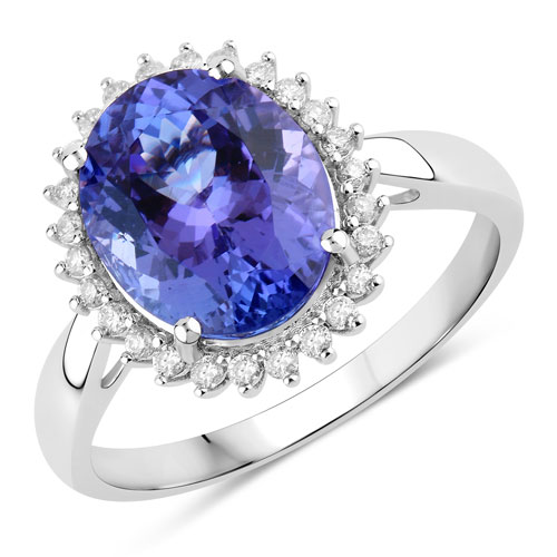 Tanzanite-3.94 Carat Genuine Tanzanite and White Diamond 14K White Gold Ring