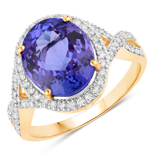 Tanzanite-4.76 Carat Genuine Tanzanite and White Diamond 14K Yellow Gold Ring