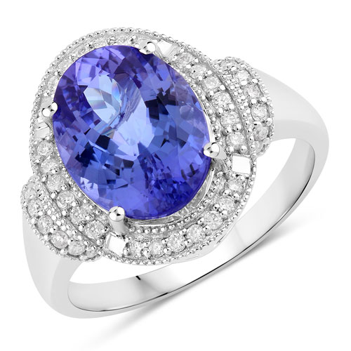 Tanzanite-4.31 Carat Genuine Tanzanite and White Diamond 14K White Gold Ring