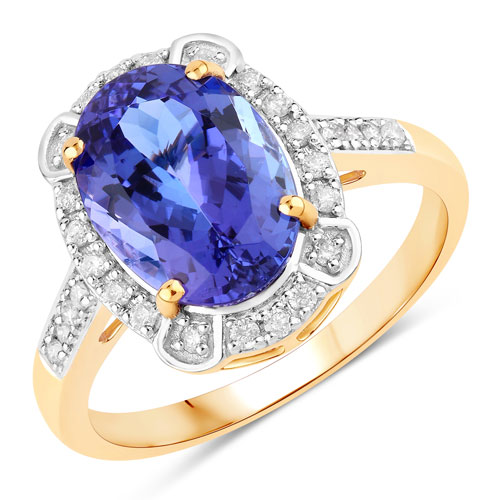 Tanzanite-4.17 Carat Genuine Tanzanite and White Diamond 14K Yellow Gold Ring