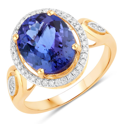 Tanzanite-4.08 Carat Genuine Tanzanite and White Diamond 14K Yellow Gold Ring