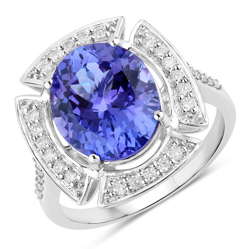 Tanzanite-5.11 Carat Genuine Tanzanite and White Diamond 14K White Gold Ring