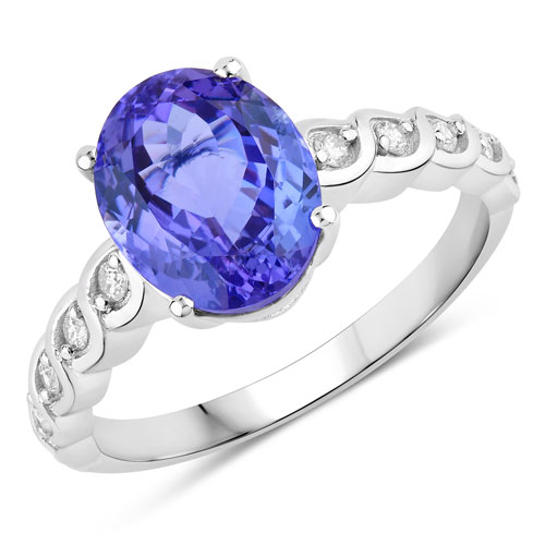 Tanzanite-3.19 Carat Genuine Tanzanite and White Diamond 14K White Gold Ring