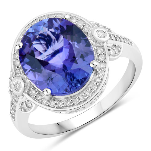 Tanzanite-5.41 Carat Genuine Tanzanite and White Diamond 14K White Gold Ring