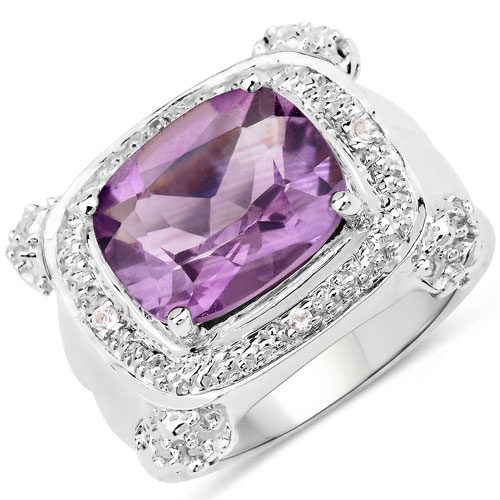 Amethyst-4.40 Carat Genuine Amethyst and White Topaz .925 Sterling Silver Ring