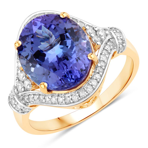 Tanzanite-5.63 Carat Genuine Tanzanite and White Diamond 14K Yellow Gold Ring