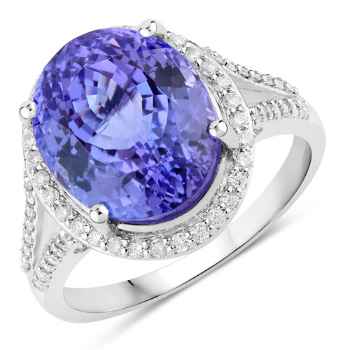 Tanzanite-8.14 Carat Genuine Tanzanite and White Diamond 14K White Gold Ring