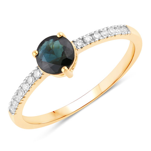 Sapphire-0.77 Carat Genuine Blue Sapphire and White Diamond 14K Yellow Gold Ring