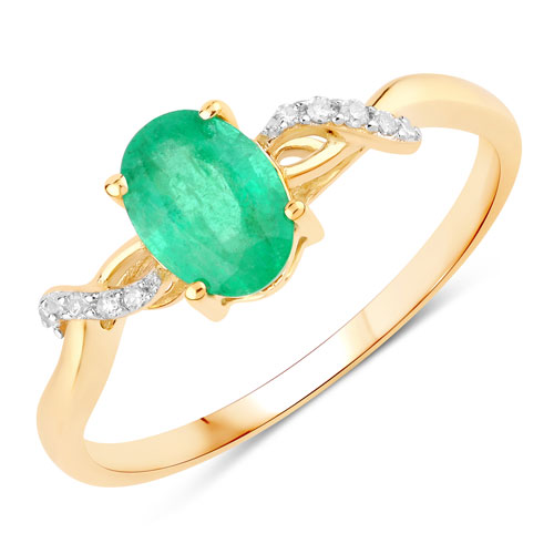 Emerald-0.77 Carat Genuine Zambian Emerald and White Diamond 14K Yellow Gold Ring