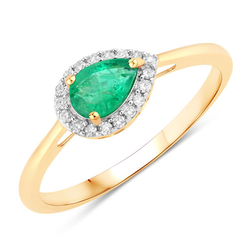 Emerald-0.45 Carat Genuine Zambian Emerald and White Diamond 14K Yellow Gold Ring