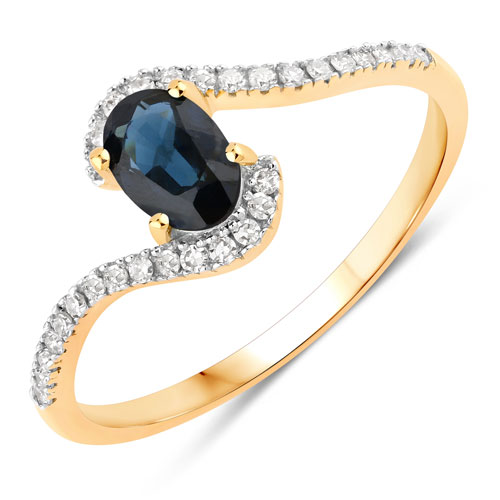 Sapphire-0.64 Carat Genuine Blue Sapphire and White Diamond 14K Yellow Gold Ring