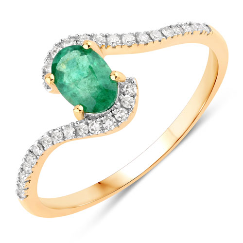 Emerald-0.60 Carat Genuine Zambian Emerald and White Diamond 14K Yellow Gold Ring