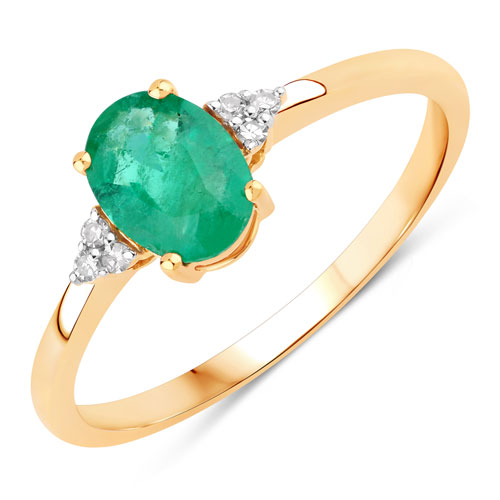 Emerald-0.77 Carat Genuine Zambian Emerald and White Diamond 14K Yellow Gold Ring